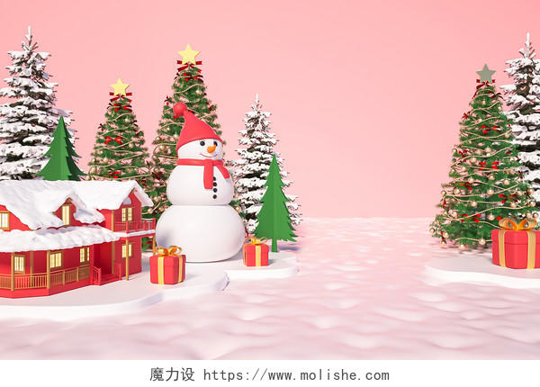 冬季圣诞节C4D粉色3D雪人雪地背景圣诞树